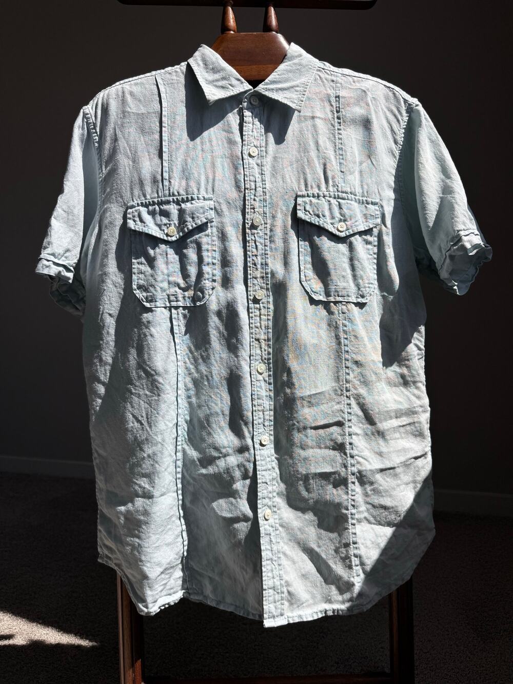 Banana Republic 100% Linen Shirt Men’s L Blue Short Sleeve Safari Beach Coastal